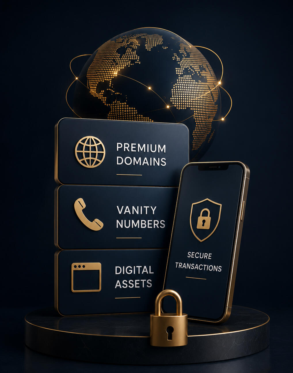 Illustration representing premium domain names, vanity phone numbers, digital assets, and secure online transactions.